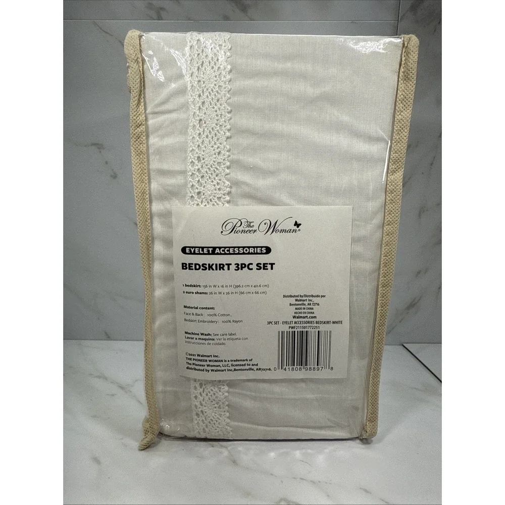The Pioneer Woman✨White✨3-Piece Bedskirt/Euro Sham Set✨Eyelet Accessories✨NEW